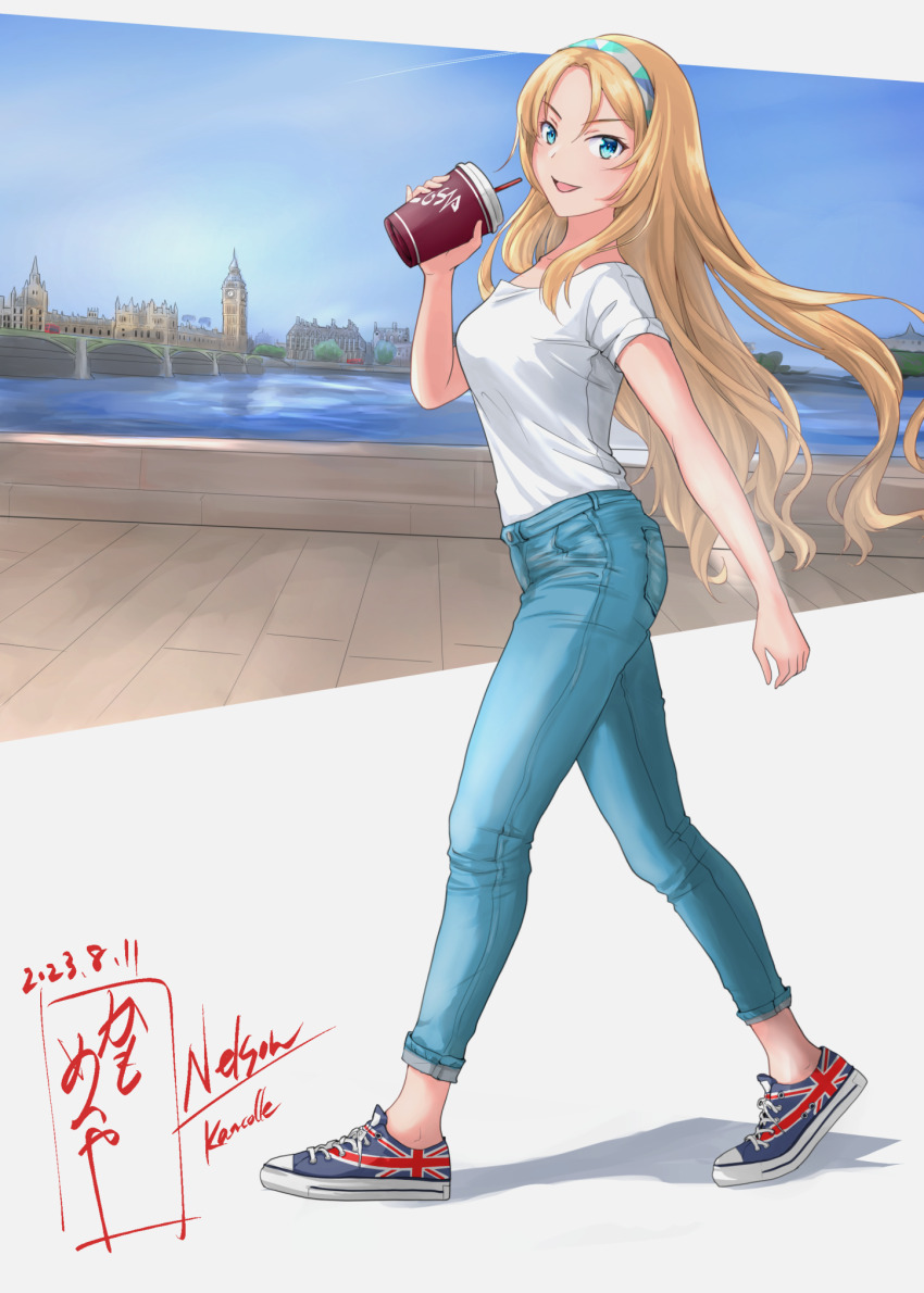 1girl, alternate_costume, blonde_hair, blue_eyes, breasts, cup, denim, disposable_cup