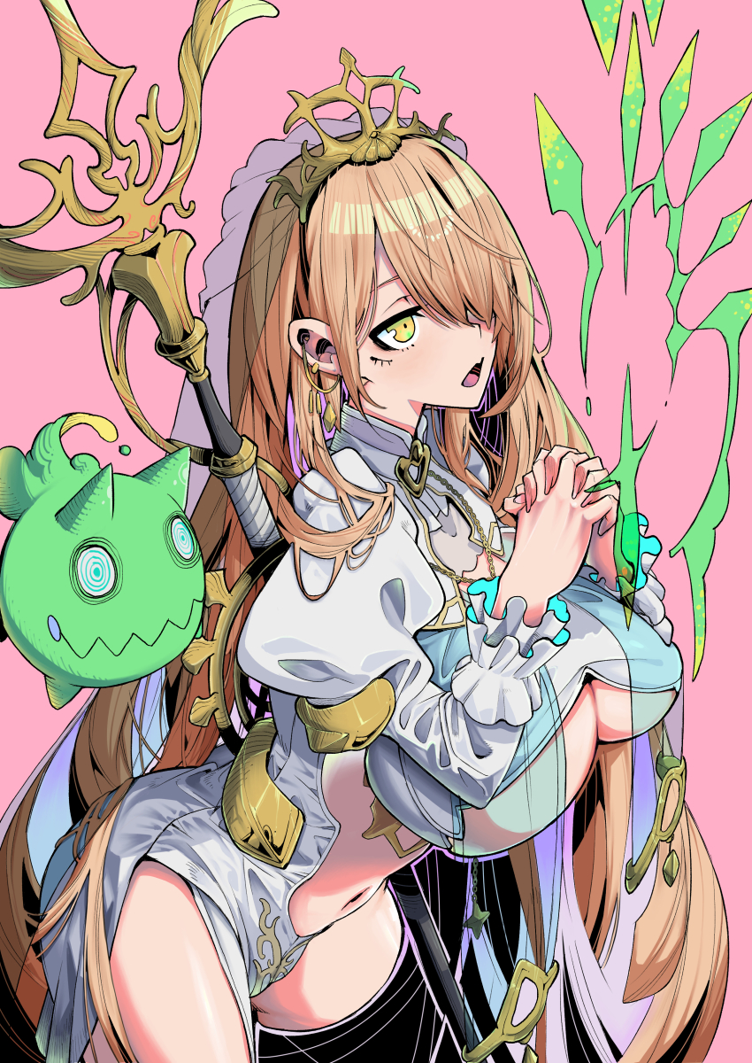 1girl, absurdres, blonde_hair, breast_curtains, breasts, clothing_cutout, fang, hair_over_one_eye, highres, jewelry, large_breasts, long_hair, long_sleeves, navel, navel_cutout, necklace, nijisanji, nui_sociere, nui_sociere_(6th_costume), open_mouth, praying, priestess, revealing_clothes, skin_fang, solo, staff, tetsu_booya, tiara, underboob, veil, very_long_hair, virtual_youtuber, yellow_eyes