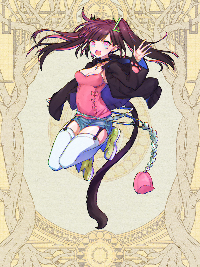 1girl, :d, arisaka_u, bakoma_tsuno, black_choker, black_jacket, breasts, brown_hair