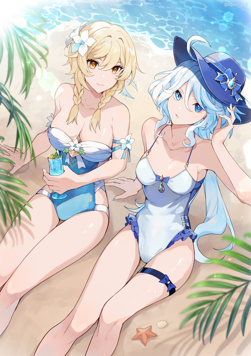 2girls, absurdres, ahoge, bare_arms, bare_shoulders, beach, blonde_hair, blue_bow, blue_eyes, blue_hair, blue_headwear, blue_one-piece_swimsuit, bow, braid, breasts, cleavage, commentary, cup, drinking_glass, feet_out_of_frame, flower, furina_(genshin_impact), genshin_impact, hair_flower, hair_ornament, hat, hat_bow, highres, holding, holding_cup, large_breasts, long_hair, looking_at_viewer, lumine_(genshin_impact), medium_breasts, multiple_girls, ocean, one-piece_swimsuit, quinny_il, sitting, smile, strapless_one-piece_swimsuit, swimsuit, thighs, twin_braids, very_long_hair, water, white_flower, yellow_eyes