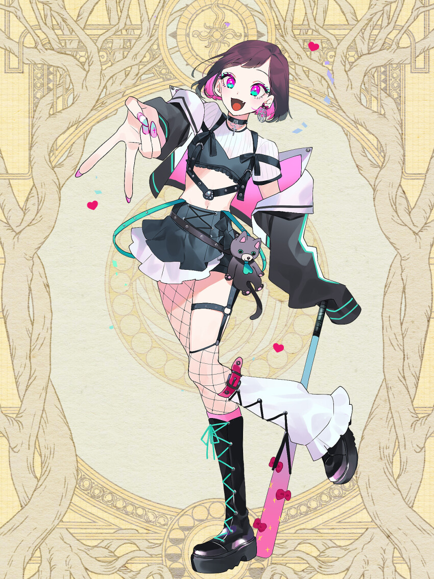 1girl, :d, bakoma_tsuno, baseball_bat, black_bow, black_choker, black_footwear, black_skirt, bow, brown_hair, choker, colored_inner_hair, cross-laced_footwear, dairoku_ryouhei, earrings, fang, fishnet_pantyhose, fishnets, flat_chest, full_body, gradient_eyes, heart, highres, jacket, jacket_partially_removed, jewelry, looking_at_viewer, midriff, multicolored_eyes, multicolored_hair, navel, o-ring, open_mouth, osimaru, pantyhose, pink_eyes, pink_hair, pink_nails, short_hair, skirt, smile, solo, standing, standing_on_one_leg, stuffed_toy, v, yellow_background