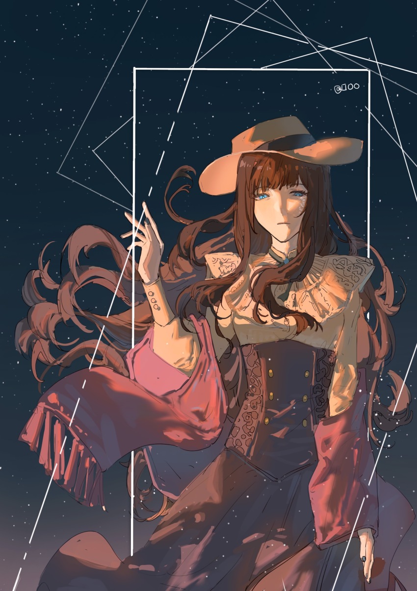 1girl, absurdres, blue_eyes, brown_corset, brown_hair, brown_headwear, brown_skirt, corset, door, fingernails, fors_wall, fyy2333, galaxy, green_necktie, highres, long_hair, looking_at_viewer, lord_of_the_mysteries, mutation, nail_polish, necktie, pink_shawl, shaded_face, shawl, shirt, signature, skirt, solo, space, star_(sky), wind, worm, yellow_shirt