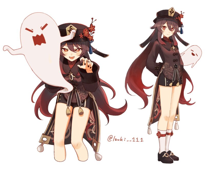 1girl, 39_iduki, black_nails, black_shorts, blush, boo_tao_(genshin_impact), brown_hair, chinese_clothes