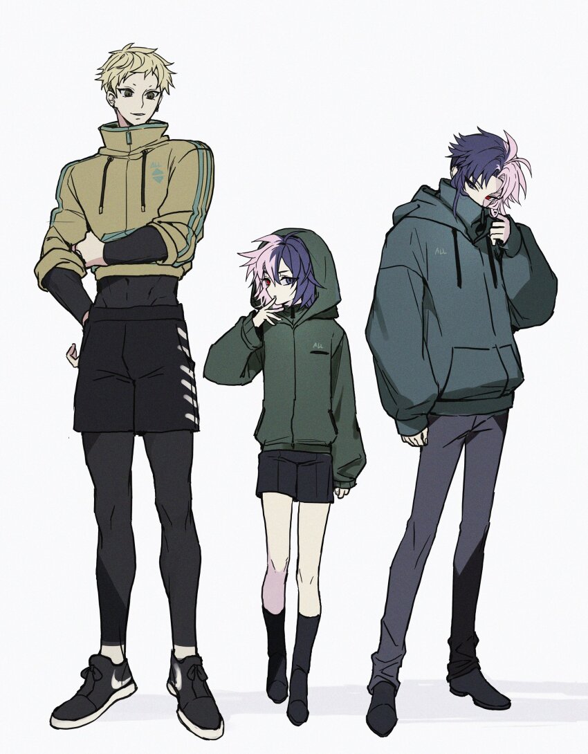 3boys, absurdres, black_bodysuit, black_footwear, black_hair, black_shorts, black_socks, blonde_hair