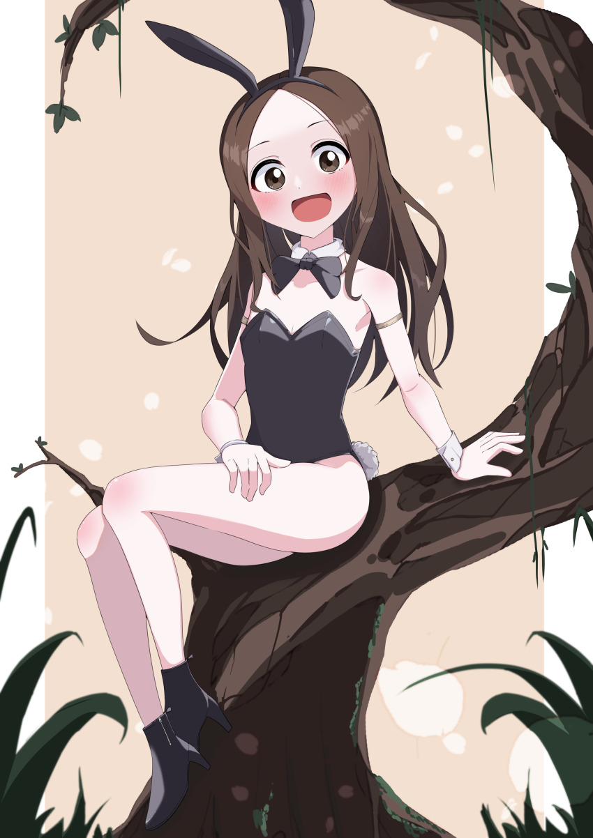 1girl, :d, absurdres, animal_ears, armlet, black_bow, black_bowtie, black_footwear, black_leotard, blush, bow, bowtie, breasts, brown_background, brown_eyes, brown_hair, detached_collar, fake_animal_ears, high_heels, highres, in_tree, jewelry, karakai_jouzu_no_takagi-san, leotard, long_hair, nengajou, new_year, oo_s, open_mouth, outdoors, playboy_bunny, sitting, small_breasts, smile, solo, takagi-san, tree, wrist_cuffs