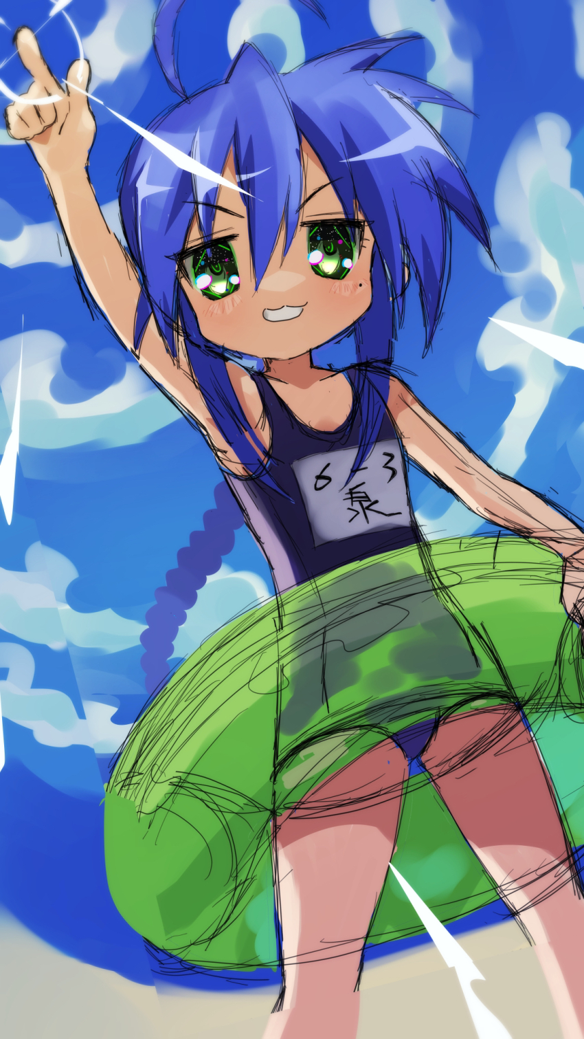 1girl, beach, blue_hair, blue_one-piece_swimsuit, blue_sky, braid, braided_ponytail, cloud, cloudy_sky, flat_chest, green_eyes, hair_between_eyes, highres, izumi_konata, joyoekaki, lucky_star, mole, mole_under_eye, one-piece_swimsuit, school_swimsuit, sky, solo, swimsuit, teeth
