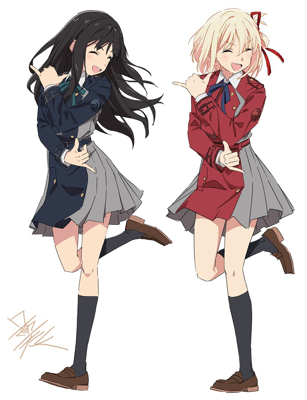 2girls, belt, black_hair, blonde_hair, blue_belt, blue_ribbon, dress, grey_dress, hair_ribbon, highres, inoue_takina, long_hair, lycoris_recoil, lycoris_uniform, multiple_girls, neck_ribbon, nishikigi_chisato, pleated_dress, purple_eyes, red_belt, red_eyes, red_ribbon, ribbon, rrr_(movie), short_hair, smile, taku1122, two-tone_dress