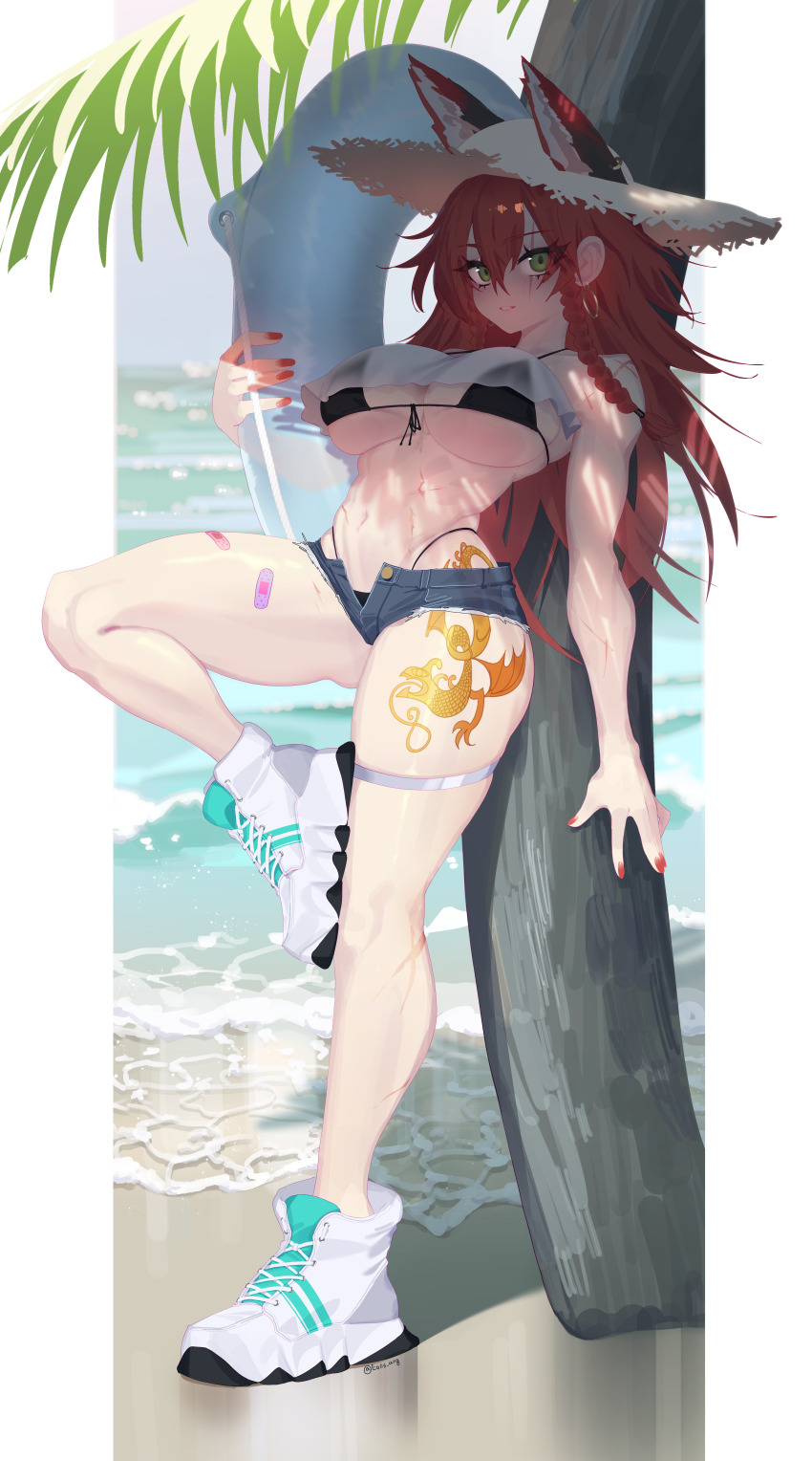 1girl, absurdres, animal_ears, bandaid_on_thigh, beowulf_(girls'_frontline), bikini, black_bikini, braid, eonsang, girls'_frontline, green_eyes, hat, highres, innertube, looking_at_viewer, micro_shorts, navel, palm_tree, parted_lips, red_hair, red_nails, scar, scar_across_eye, scar_on_face, shoes, shorts, sneakers, solo, straw_hat, swim_ring, swimsuit, tattoo, tree