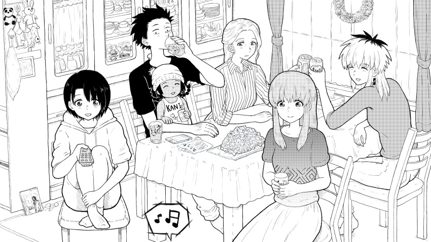 1boy, 5girls, :d, beer_can, black_eyes, black_hair, black_shirt, cabinet
