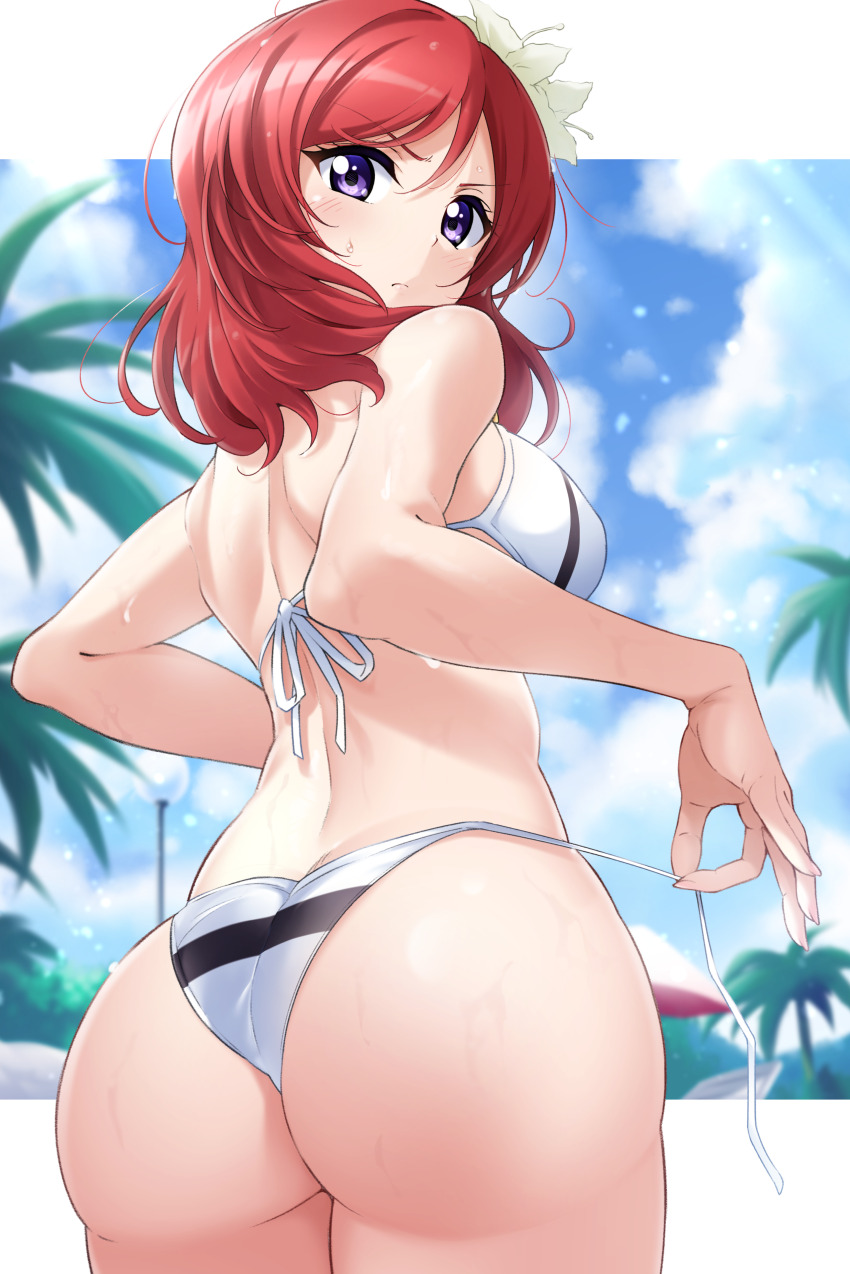1girl, absurdres, ass, back, bikini, blush, breasts, closed_mouth