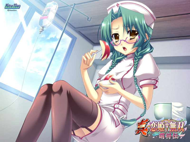 1girl, apple, copyright_name, female_focus, food, fruit, glasses, green_hair, intravenous_drip, kaku_(koihime_musou), kaku_bunwa_(koihime_musou), katagiri_hinata, koihime_musou, nurse, official_art, solo, thighhighs, watermark