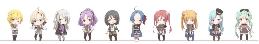 >:), 6+girls, :d, ;), absurdres, ahoge, assault_lily, bangs_pinned_back, bell, black_bow, black_bowtie, black_cloak, black_flower, black_footwear, black_gloves, black_hair, black_jacket, black_pantyhose, black_thighhighs, black_vest, blonde_hair, blue_eyes, blue_hair, blue_thighhighs, blush, bow, bowtie, braid, braided_ponytail, brown_footwear, brown_jacket, buttons, cardigan, chibi, cloak, closed_mouth, collared_shirt, commentary, cropped_jacket, dark_skin, detached_sleeves, double-breasted, double_bun, flower, folded_ponytail, frilled_skirt, frills, full_body, gloves, green_eyes, green_necktie, green_skirt, grey_hair, grey_pantyhose, grey_skirt, grey_thighhighs, gumoyu, hair_bell, hair_between_eyes, hair_bow, hair_bun, hair_flower, hair_ornament, hair_ribbon, hairclip, hand_on_own_arm, hand_on_own_cheek, hand_on_own_face, hand_on_own_hip, hand_up, hands_on_own_hips, hands_up, hat, heel_up, hibino_waku, hidai_miyazu, high-waist_skirt, high_collar, high_ponytail, highres, jacket, jingle_bell, kusakabe_murasame, kusakabe_rengetsu, long_hair, long_image, long_sleeves, looking_at_viewer, low_ponytail, medium_hair, miniskirt, miyamoto_komuku, multiple_girls, nakabayashi_kaina, necktie, nishikawa_miharu, one_eye_closed, one_side_up, open_clothes, open_jacket, open_mouth, orange_hair, outstretched_arm, pantyhose, parted_bangs, partially_fingerless_gloves, peaked_cap, pearl_hair_ornament, plaid_clothes, plaid_skirt, pleated_skirt, pointing, pointing_at_viewer, ponytail, purple_cardigan, purple_eyes, purple_hair, raised_eyebrows, red_eyes, red_hair, red_ribbon, ribbon, school_uniform, shirt, shoes, short_hair, short_necktie, siblings, side_braid, side_ponytail, sidelocks, simple_background, single_braid, sisters, skirt, sleeve_bow, sleeves_past_fingers, sleeves_past_wrists, smile, standing, striped_clothes, striped_skirt, swept_bangs, tejima_komachi, thighhighs, tilted_headwear, triangle_mouth, twintails, ueda_imari, v-shaped_eyebrows, vertical-striped_clothes, vertical-striped_skirt, very_long_hair, vest, white_background, white_bow, white_flower, white_footwear, white_shirt, white_skirt, white_thighhighs, wide_image, yellow_eyes, yoshii_kasumiko, zettai_ryouiki