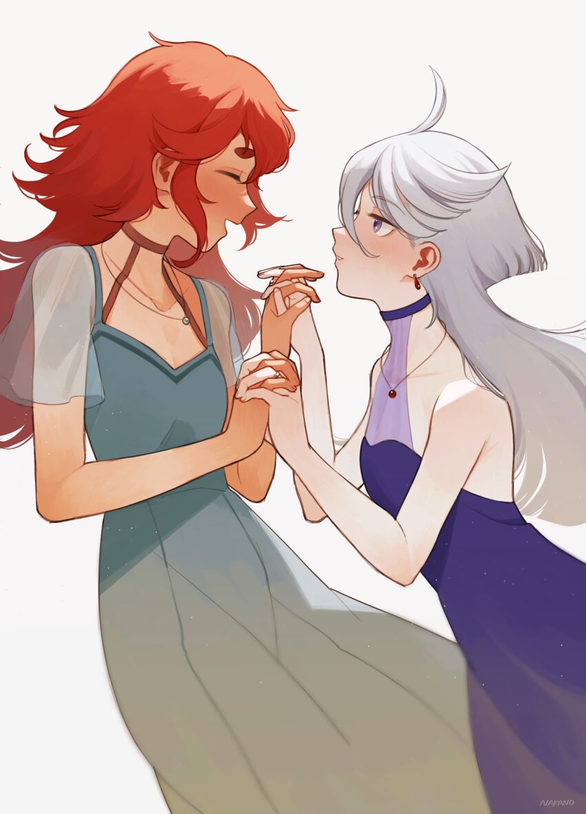 2girls, ahoge, blue_dress, closed_eyes, dress, earrings, green_dress, gundam