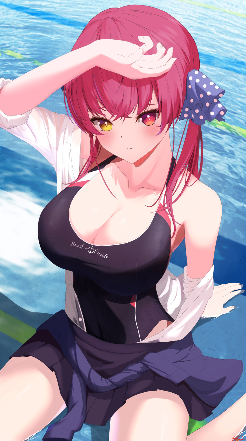 1girl, absurdres, arm_up, bizusuhatu123, black_one-piece_swimsuit, black_skirt, blue_ribbon, blush