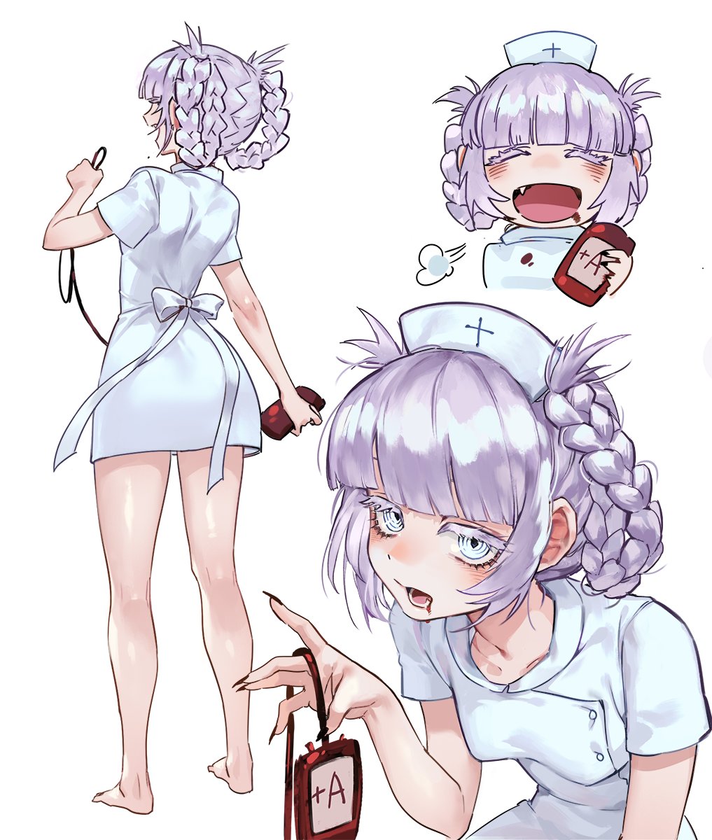 1girl, barefoot, black_nails, blood, blood_bag, blood_on_clothes, blue_eyes, blunt_bangs