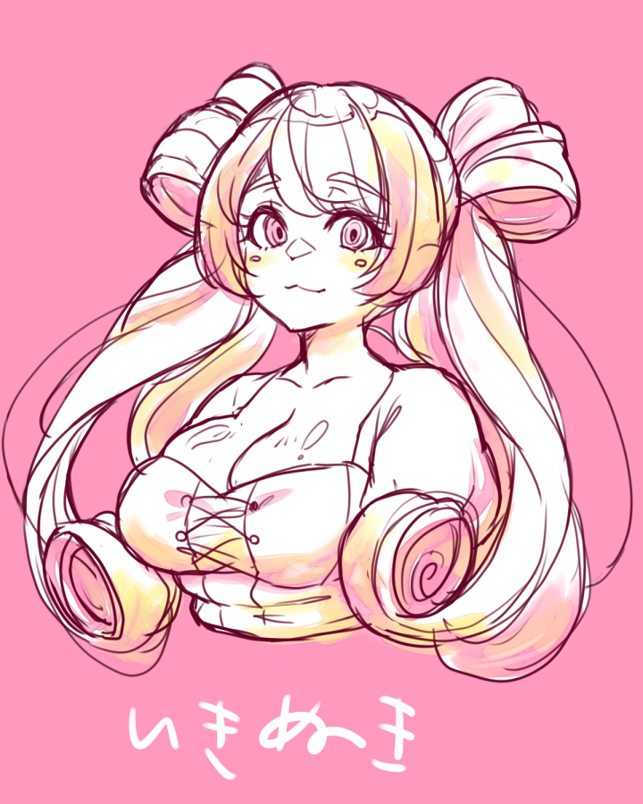 1girl, blush, breasts, burino_sashimi, cleavage, collarbone, gula_(magicami), large_breasts, long_hair, looking_at_viewer, magicami, sidelocks, smile, translation_request, twintails