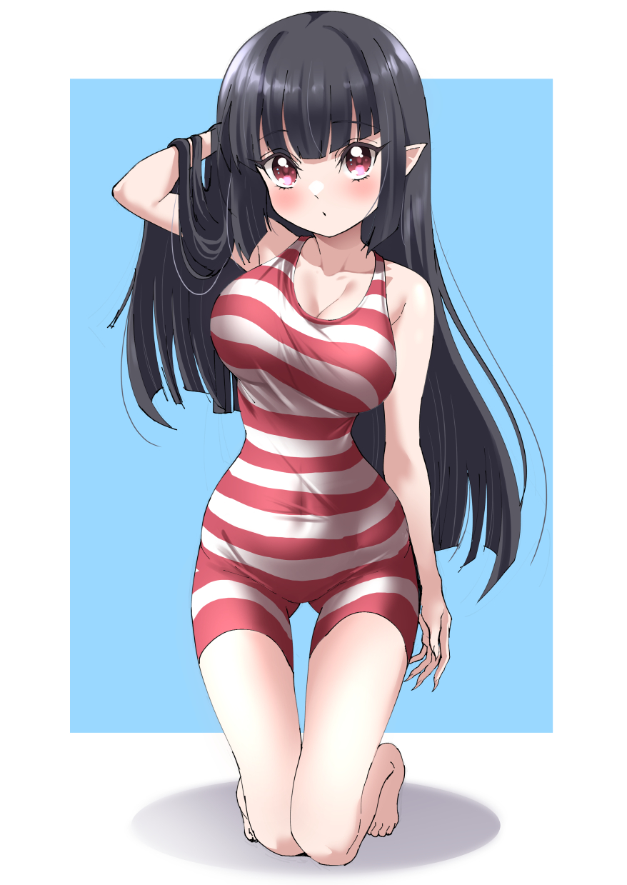 1girl, atre_(jashin-chan_dropkick), black_hair, blush, breasts, cleavage, collarbone, covered_navel