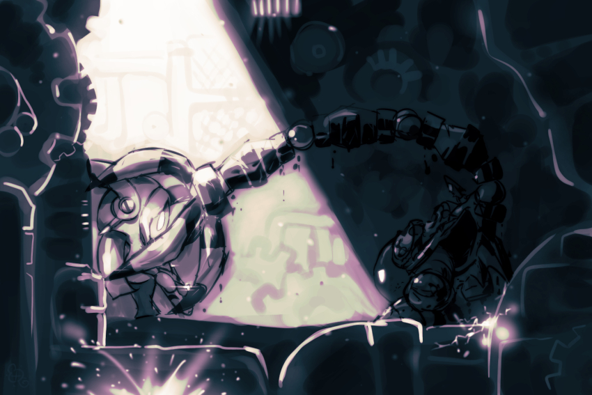 1boy, 1girl, commentary_request, crowerfly, dark_room, electricity, factory, from_side, gears, kirby:_planet_robobot, kirby_(series), looking_at_another, mecha_knight, meta_knight, nintendo, skirt, susie_(kirby), vent_(object)