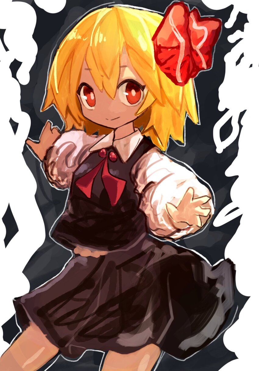1girl, black_skirt, black_vest, blonde_hair, closed_mouth, collared_shirt, cowboy_shot, hair_ribbon