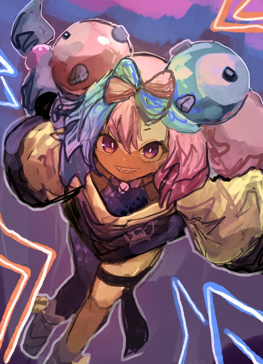 1girl, blue_hair, bow-shaped_hair, character_hair_ornament, clenched_teeth, from_above, full_body, grey_footwear, hair_ornament, highres, iono_(pokemon), jacket, long_sleeves, looking_at_viewer, multicolored_hair, nintendo, oversized_clothes, pink_eyes, pink_hair, pokemon, pokemon_scarlet_and_violet, sharp_teeth, shikemoku, single_leg_pantyhose, smile, solo, teeth, thigh_strap, two-tone_hair, wide_sleeves, yellow_jacket