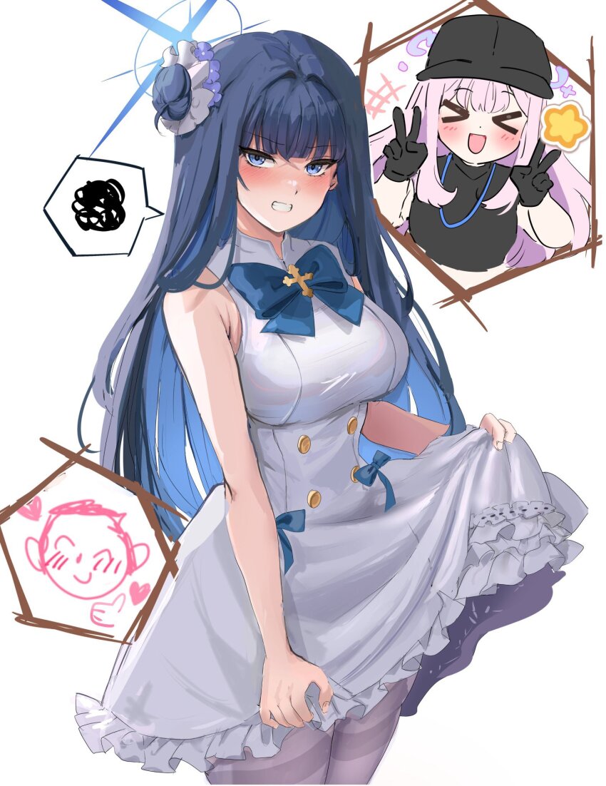 >_<, 1boy, 2girls, :d, baseball_cap, black_gloves, black_headwear, blue_archive, blue_bow, blue_eyes, blue_hair, blush, bow, clenched_teeth, clothes_lift, cosplay, costume_switch, doodle_sensei_(blue_archive), double_v, dress, gloves, hair_bun, halo, hat, highres, hinaumma, lifting_own_clothes, mika_(blue_archive), mika_(blue_archive)_(cosplay), multiple_girls, open_mouth, pink_hair, saori_(blue_archive), saori_(blue_archive)_(cosplay), sensei_(blue_archive), single_hair_bun, skirt, skirt_lift, sleeveless, sleeveless_dress, smile, speech_bubble, teeth, thumbs_up, v, xd