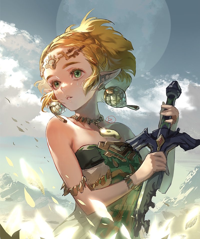 1girl, armlet, bare_shoulders, blonde_hair, bracelet, braid, broken, broken_sword, broken_weapon, circlet, cloud, collarbone, crown_braid, dress, earrings, eyelashes, facepaint, falling_leaves, full_moon, green_dress, green_eyes, hands_up, holding, holding_sword, holding_weapon, jewelry, leaf, looking_to_the_side, magatama, magatama_necklace, moon, mountainous_horizon, multicolored_dress, necklace, nintendo, outdoors, parted_lips, pointy_ears, princess_zelda, short_hair, signature, sky, solo, strapless, strapless_dress, suzuki_rika, sword, the_legend_of_zelda, the_legend_of_zelda:_tears_of_the_kingdom, upper_body, weapon, white_dress, wind