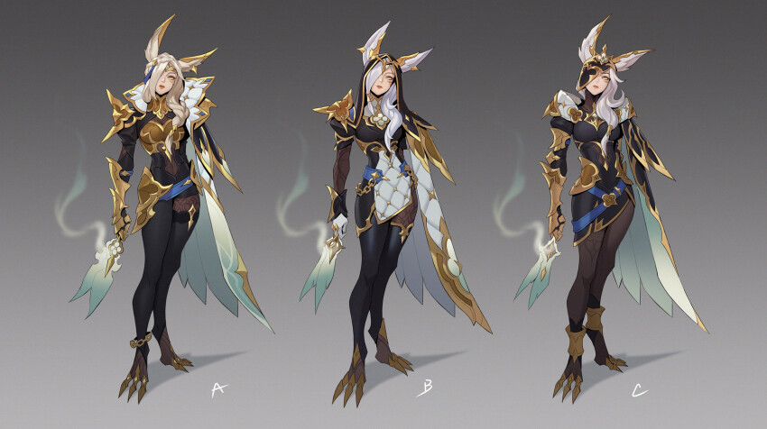 1girl, animal_ears, armor, armored_gloves, black_pantyhose, breasts, broken_covenant_xayah, citemer, closed_mouth, concept_art, feathers, full_body, green_eyes, grey_background, hair_over_one_eye, highres, holding, holding_feather, holding_weapon, league_of_legends, long_hair, looking_at_viewer, medium_breasts, multiple_views, pantyhose, shoulder_armor, simple_background, standing, weapon, white_hair, xayah, yellow_eyes