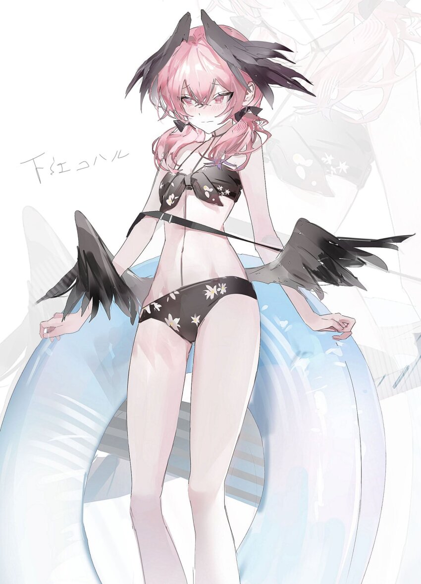 1girl, bare_arms, bare_legs, bare_shoulders, bikini, black_bikini, black_bow, black_wings, blue_archive, bow, cropped_legs, double-parted_bangs, et_atr3, hair_bow, head_wings, highres, innertube, koharu_(blue_archive), koharu_(swimsuit)_(blue_archive), low_twintails, low_wings, midriff, navel, pink_eyes, pink_hair, sketch, swim_ring, swimsuit, thighs, twintails, wings