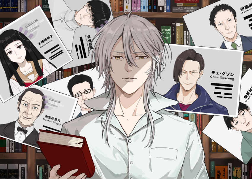 1girl, 6+boys, book, bookshelf, breast_pocket, brown_eyes, buttons, character_name