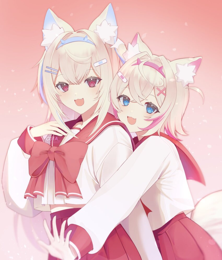 2girls, animal_ear_fluff, animal_ears, bandaid, bandaid_hair_ornament, blonde_hair, blue_eyes, blue_hairband