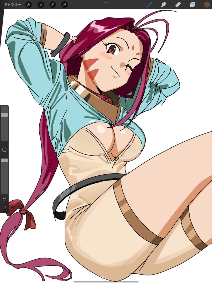 1girl, antenna_hair, arms_behind_head, art_program_in_frame, breasts, cleavage, closed_mouth, facial_mark