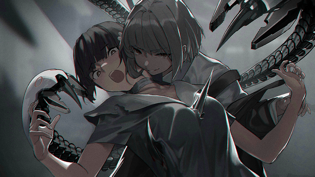 2girls, artist_request, bandaged_neck, bandages, black_hair, black_jacket, breasts, claw_(weapon)