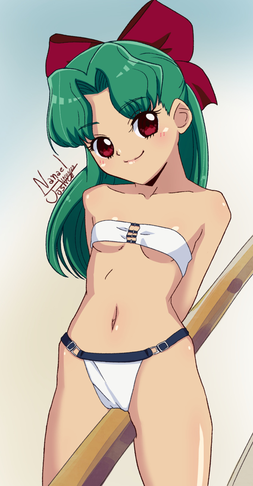 1girl, bikini, breasts, cosmic_baton_girl_comet-san, green_hair, head_tilt, highres, light_smile, meteor_(comet-san), nanaeljustice, navel, red_eyes, red_ribbon, ribbon, small_breasts, swimsuit, tagme, white_bikini