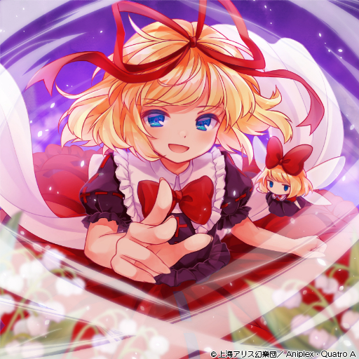 1girl, album_cover, back_bow, black_shirt, black_skirt, blonde_hair, blouse, blue_eyes