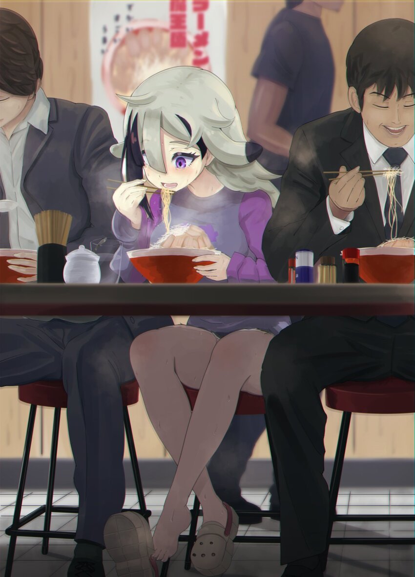 1girl, 3boys, acedia_(magicami), animal_ears, business_suit, cow_ears, crocs, eating, feet, food, formal_clothes, highres, kyoumu_(mgcmkyomu), long_hair, long_sleeves, magicami, multicolored_hair, multiple_boys, noodles, open_mouth, purple_eyes, ramen, salaryman, shorts, suit, two-tone_hair