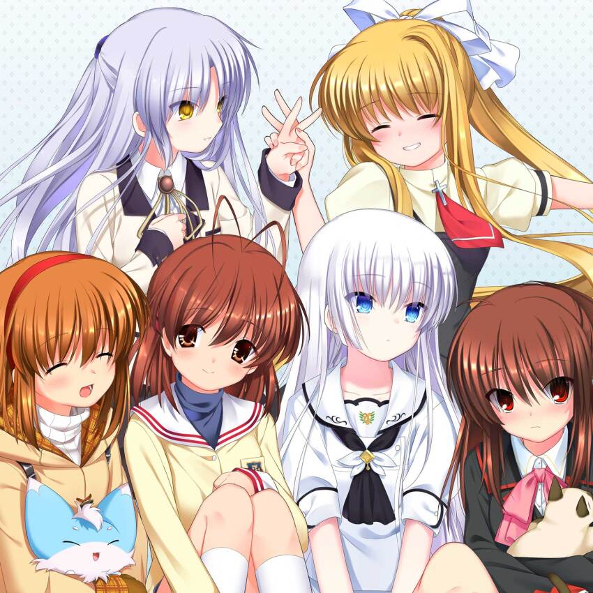 6+girls, :d, ^_^, ahoge, air_(visual_novel), angel_beats!, animal, animal_hug