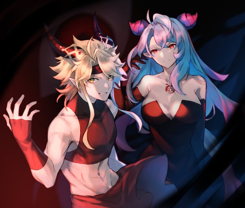 1boy, 1girl, bare_shoulders, black_dress, black_gloves, blonde_hair, blue_hair, breasts, chest_tattoo, cleavage, cosplay, detached_sleeves, dragalia_lost, dragalinuka, dragon_boy, dragon_girl, dragon_horns, dress, elbow_gloves, envy_(fma), envy_(fma)_(cosplay), eyeball, fullmetal_alchemist, gloves, green_eyes, grin, hair_pulled_back, hand_up, headband, horns, inoue_kikuko, jupiter_(dragalia_lost), large_breasts, long_hair, looking_at_viewer, lust_(fma), lust_(fma)_(cosplay), mature_female, mercury_(dragalia_lost), midriff, multicolored_hair, navel, open_mouth, pink_hair, pointy_ears, red_eyes, shirt, short_hair, simple_background, skort, smile, takayama_minami, tattoo, voice_actor_connection