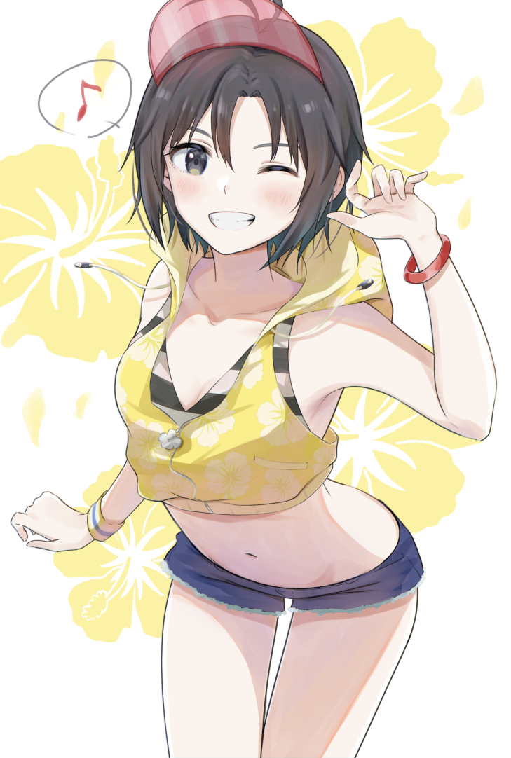 1girl, antenna_hair, armpits, arms_behind_back, bare_shoulders, bent_over, bikini, bikini_top_only