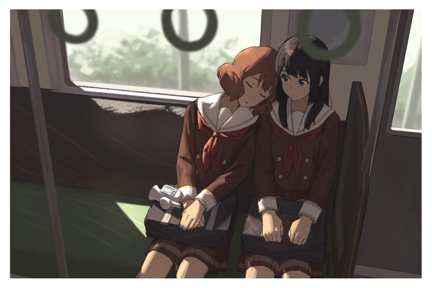 2girls, black_hair, blue_eyes, brown_hair, brown_jacket, brown_skirt, hibike!_euphonium, highres