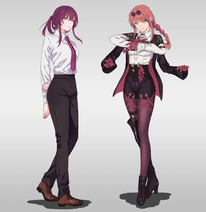 2girls, arms_behind_back, artemis_(moonelysium), asymmetrical_footwear, black_footwear, black_jacket, black_pants, black_shorts, boots, braid, braided_ponytail, brown_footwear, chainsaw_man, commentary, cosplay, costume_switch, english_commentary, eyewear_on_head, full_body, gloves, grey_background, high_heel_boots, high_heels, honkai:_star_rail, honkai_(series), jacket, kafka_(honkai:_star_rail), kafka_(honkai:_star_rail)_(cosplay), long_hair, long_sleeves, looking_at_viewer, low_ponytail, makima_(chainsaw_man), makima_(chainsaw_man)_(cosplay), multiple_girls, necktie, open_clothes, open_jacket, own_hands_together, pants, pantyhose, pantyhose_under_shorts, pink_hair, ponytail, purple_eyes, purple_gloves, purple_hair, purple_necktie, purple_pantyhose, shirt, shoes, short_shorts, shorts, simple_background, smile, standing, sunglasses, thighs, white_shirt, yellow_eyes