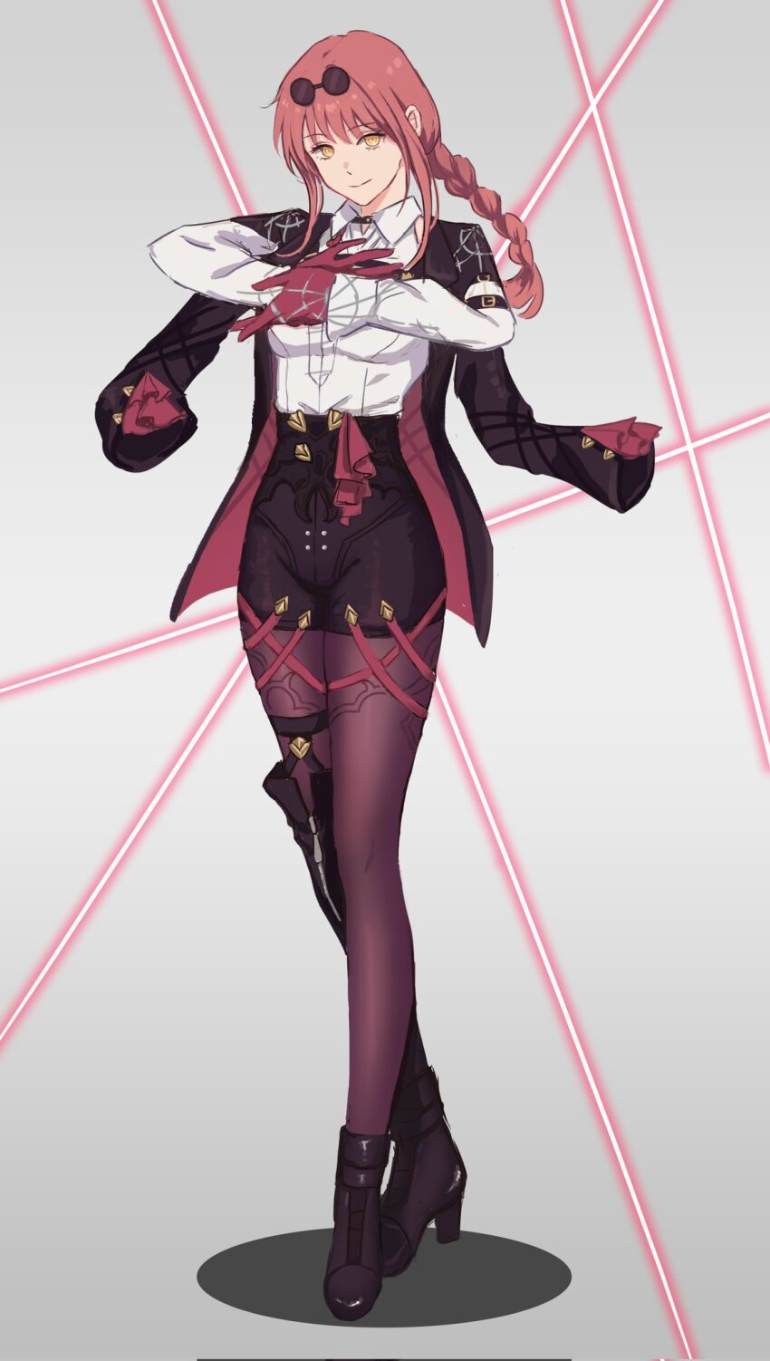 1girl, artemis_(moonelysium), asymmetrical_footwear, black_boots, black_jacket, black_shorts, boots, braid