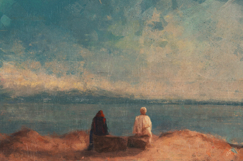 2boys, angel, aziraphale_(good_omens), beach, black_robe, crowley_(good_omens), demon, demon_boy, good_omens, highres, long_hair, mistysblueboxstuff, multiple_boys, ocean, robe, sitting, white_hair, white_robe