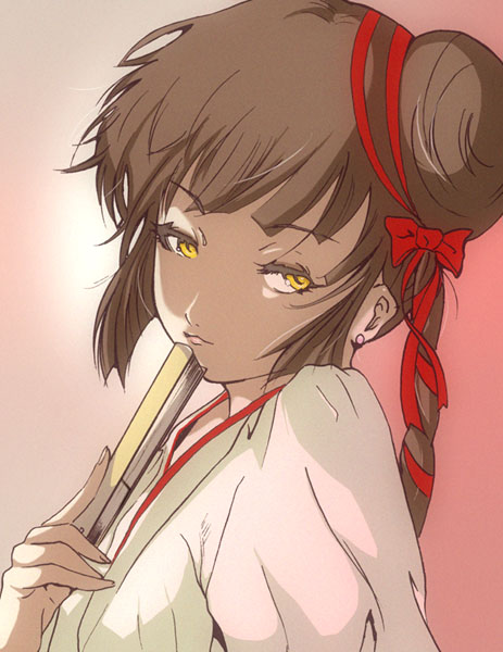 1girl, blunt_bangs, braid, brown_hair, earrings, female_focus, hair_bun, hair_ribbon