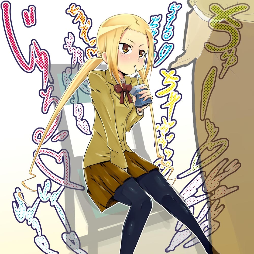 1girl, blazer, blonde_hair, brown_eyes, covering_crotch, covering_privates, drink_carton, drinking, drinking_straw, female_focus, hagimura_suzu, jacket, juice_box, kondou_mu, long_hair, pantyhose, school_uniform, seitokai_yakuindomo, solo, tanabe_kyou, translated, twintails