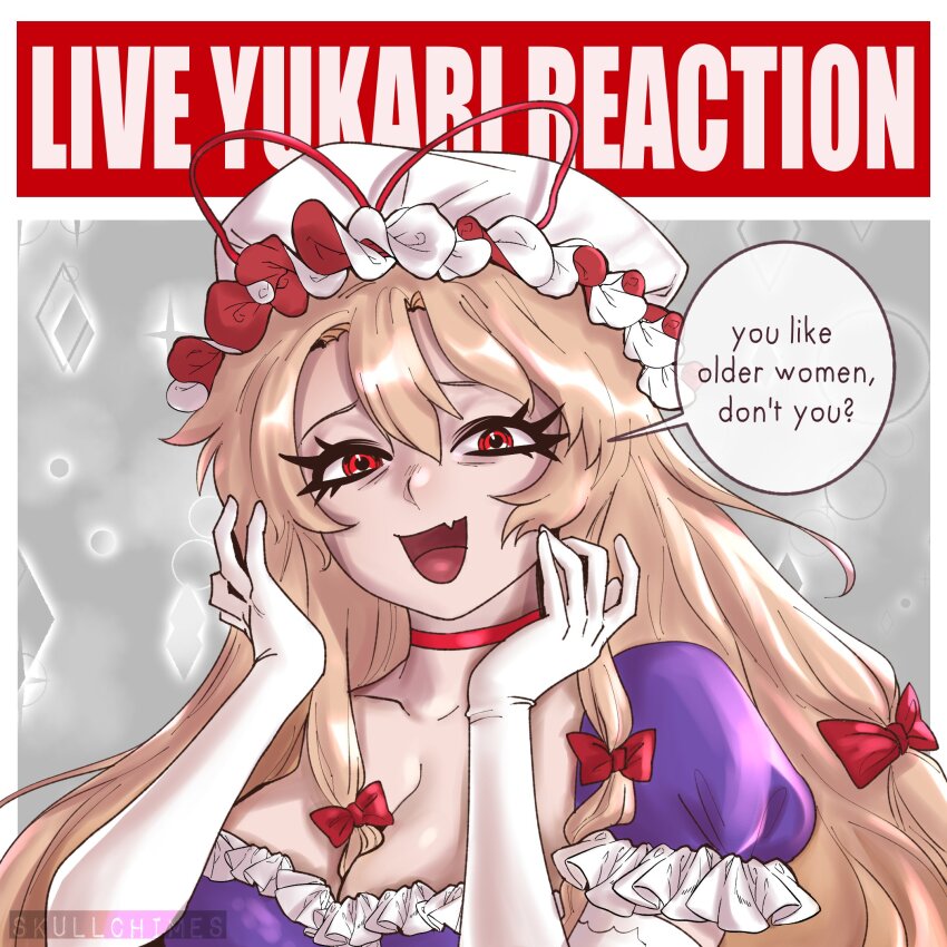 1girl, :d, alternate_eye_color, blonde_hair, blush, bow, breasts, choker, cleavage, dress, elbow_gloves, english_text, fang, frilled_dress, frills, gloves, hair_between_breasts, hair_between_eyes, hair_bow, hands_on_own_face, hands_up, happy, hat, hat_ribbon, highres, large_breasts, live_tucker_reaction_(meme), long_hair, looking_at_viewer, medium_breasts, meme, open_mouth, purple_dress, red_bow, red_choker, red_eyes, red_ribbon, ribbon, signature, skullchimes, smile, solo, touhou, upper_body, very_long_hair, white_gloves, yakumo_yukari