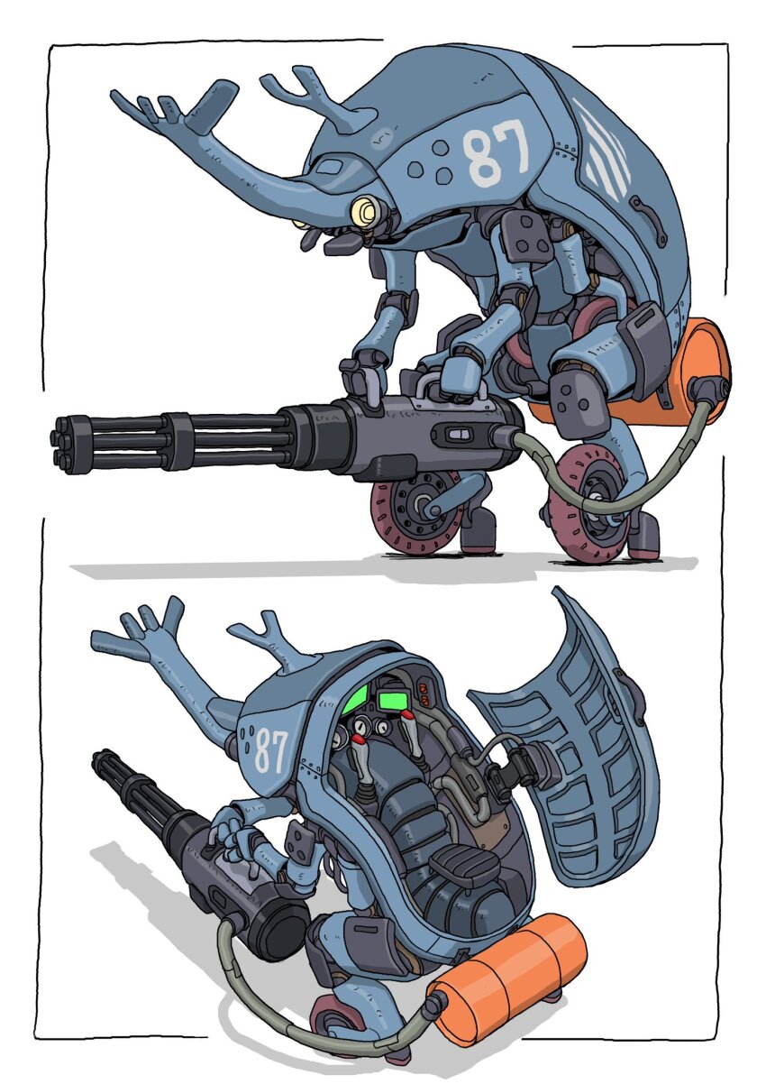 animal-themed_vehicle, beetle, biomechanical, bug, controller, gatling_gun, gatling_santouhei, gun, heads-up_display, highres, holding, holding_gun, holding_weapon, insect, interior, joystick, mecha, minigun, multiple_views, no_humans, original, robot, user_interface, vehicle_focus, weapon, wheel, white_background