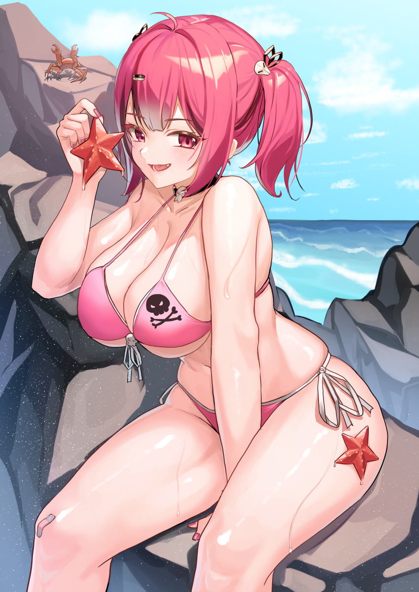 1girl, :d, absurdres, ahoge, arm_support, bandage_on_knee, bikini, blush
