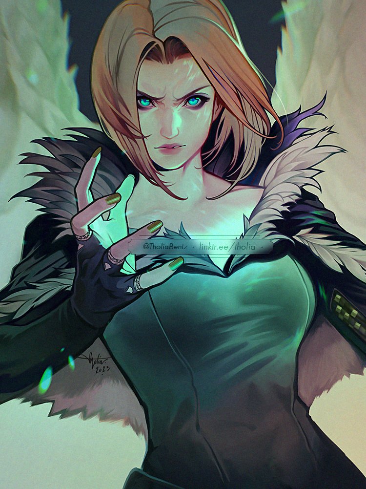 1girl, aqua_eyes, benedikta_harman, black_capelet, blonde_hair, bob_cut, breasts, capelet, feather-trimmed_capelet, feather-trimmed_dress, final_fantasy, final_fantasy_xvi, fingerless_gloves, furrowed_brow, gloves, glowing, glowing_eyes, green_nails, jewelry, looking_at_viewer, medium_breasts, multiple_rings, nail_polish, parted_bangs, ring, signature, solo, tholia_bentz, twitter_username, upper_body, watermark, web_address