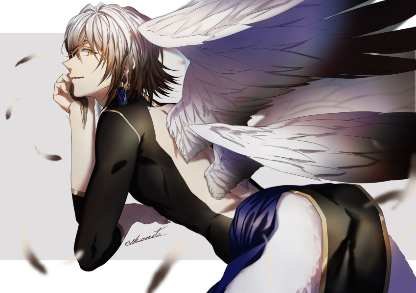 1boy, animal_feet, artist_name, backless_outfit, bird_wings, brown_hair, cowboy_shot, earrings