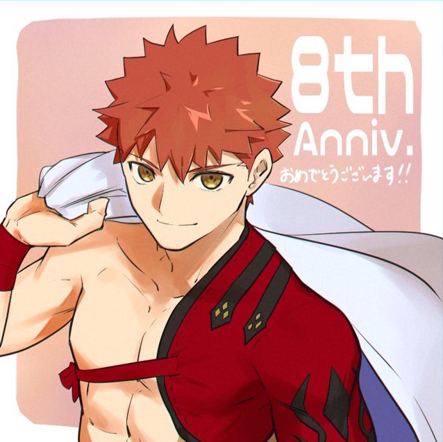 1boy, anniversary, cape, emiya_shirou, fate/grand_order, fate_(series), holding, holding_unworn_cape